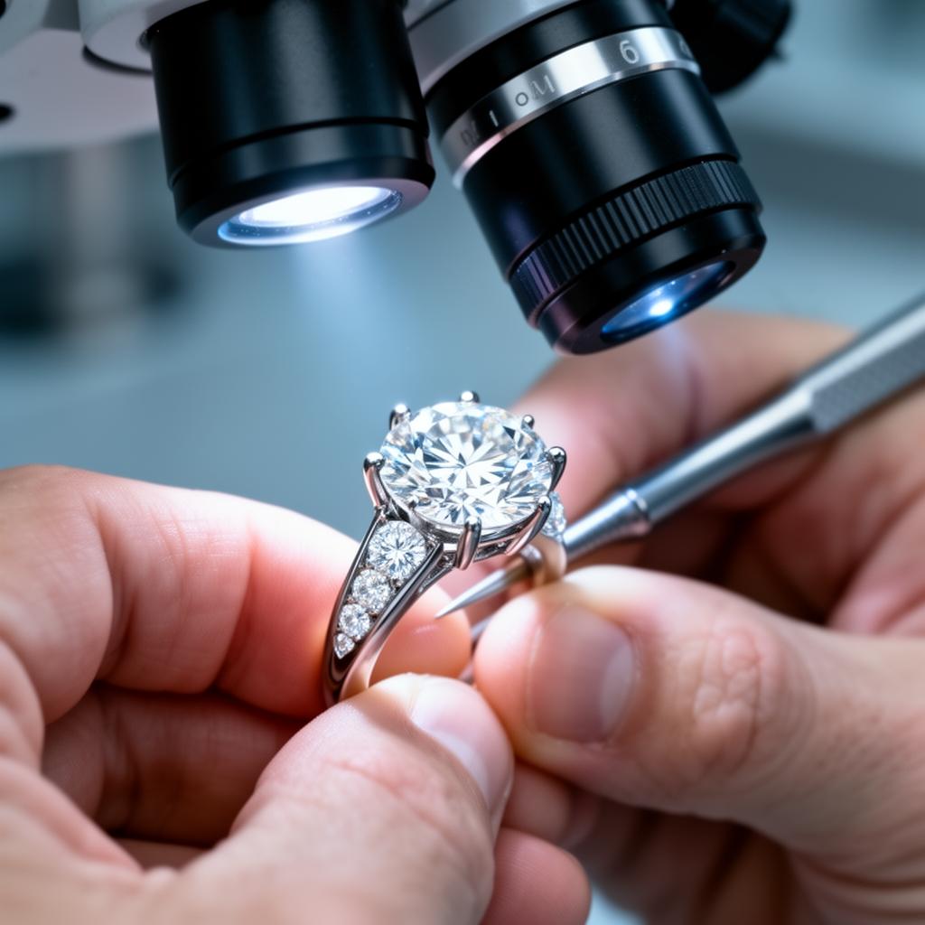 Diamond setter working under a microscope on a platinum ring