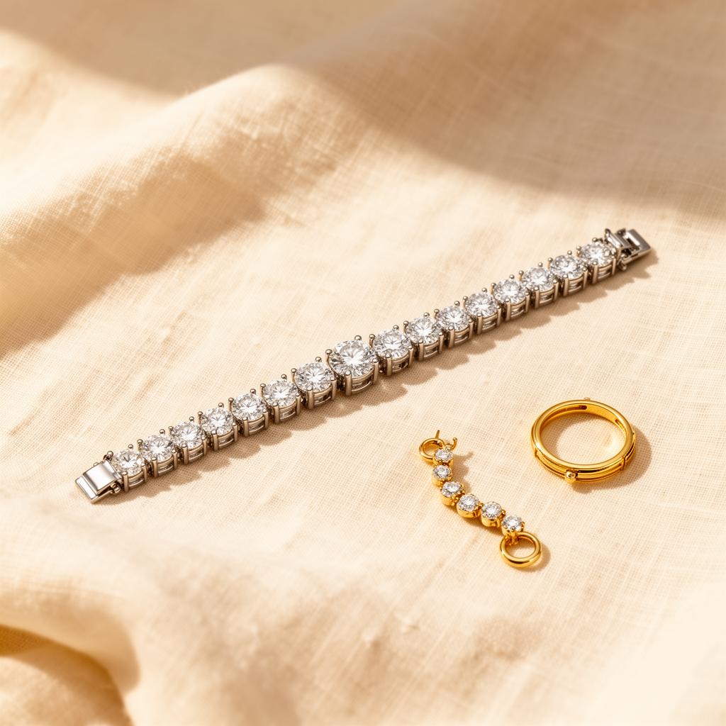 Diamond tennis bracelet and gold jewelry pieces